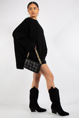 Camila Black Faux Suede Point Toe Stitch Detailing Western Style Calf Boots
