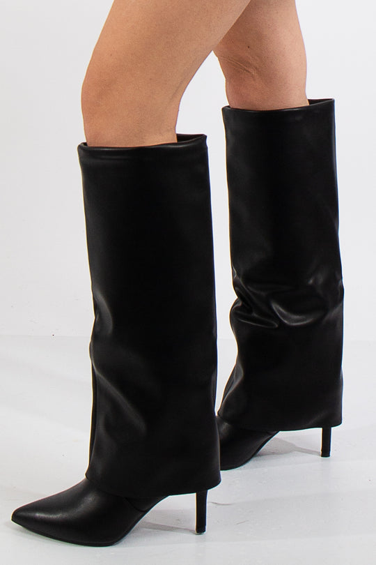 Elise Black Fold Over High Point Calf Boots