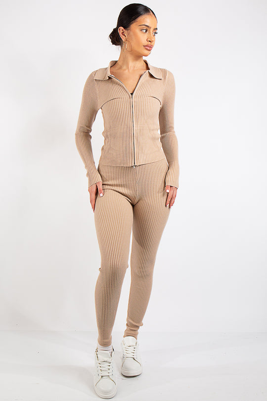 Serenity Beige Knit Loungewear Tracksuit Set