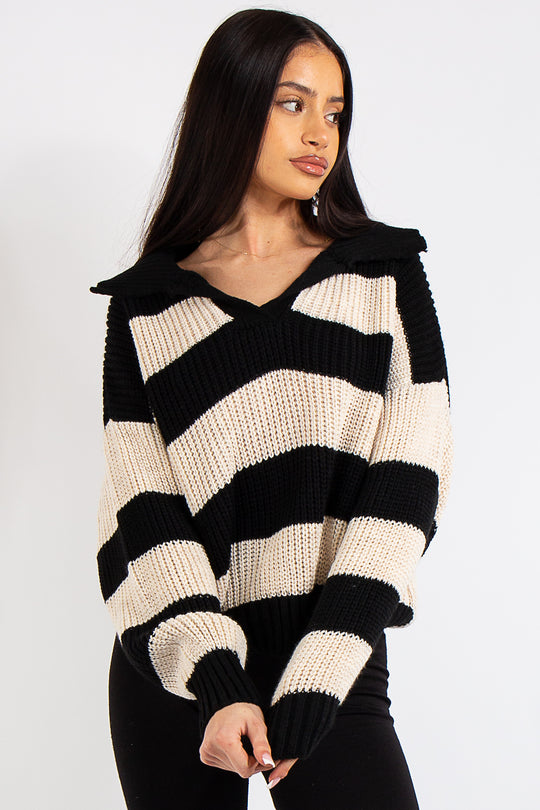 Lucia Black Stripe Collar Knit Polo Jumper