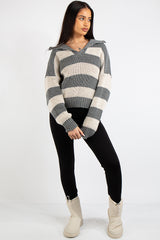 Lucia Grey Stripe Collar Knit Polo Jumper