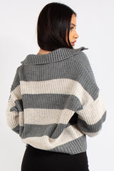 Lucia Grey Stripe Collar Knit Polo Jumper