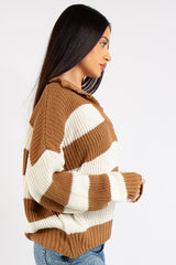 Lucia Camel Stripe Collar Knit Polo Jumper