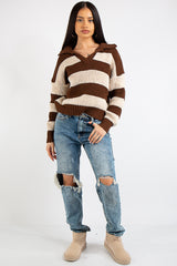 Lucia Brown Stripe Collar Knit Polo Jumper