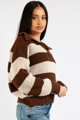 Lucia Brown Stripe Collar Knit Polo Jumper