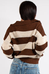 Lucia Brown Stripe Collar Knit Polo Jumper