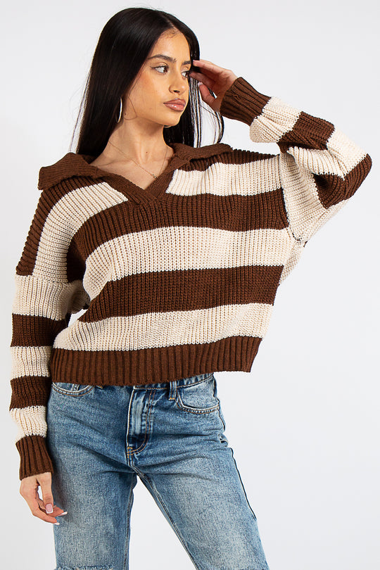 Lucia Brown Stripe Collar Knit Polo Jumper