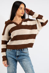 Lucia Brown Stripe Collar Knit Polo Jumper