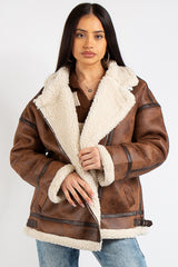 Amy Camel Suede Cuff Detail Aviator Coat