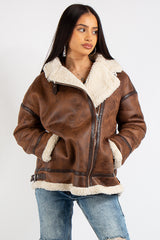 Amy Camel Suede Cuff Detail Aviator Coat