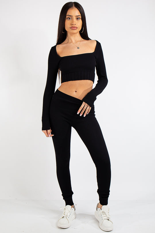 Brooke Black Square Neck Rib 2 Piece Co Ord Set