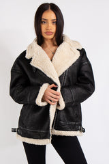 Amy Black Suede Cuff Detail Aviator Coat