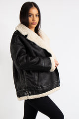 Amy Black Suede Cuff Detail Aviator Coat
