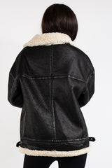 Amy Black Suede Cuff Detail Aviator Coat