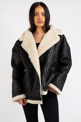 Amy Black Suede Cuff Detail Aviator Coat