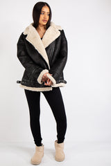 Amy Black Suede Cuff Detail Aviator Coat