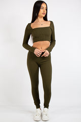 Brooke Khaki Square Neck Rib 2 Piece Co Ord Set