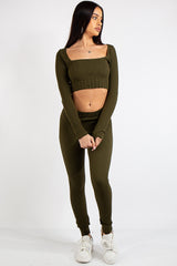 Brooke Khaki Square Neck Rib 2 Piece Co Ord Set