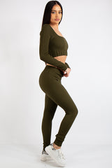 Brooke Khaki Square Neck Rib 2 Piece Co Ord Set
