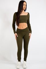 Brooke Khaki Square Neck Rib 2 Piece Co Ord Set