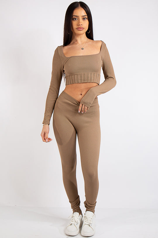 Brooke Taupe Square Neck Rib 2 Piece Co Ord Set