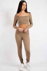 Brooke Taupe Square Neck Rib 2 Piece Co Ord Set