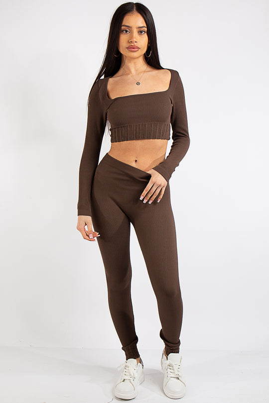 Brooke Brown Square Neck Rib 2 Piece Co Ord Set