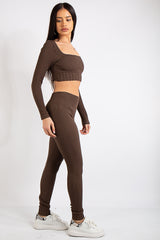 Brooke Brown Square Neck Rib 2 Piece Co Ord Set