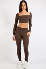 Brooke Brown Square Neck Rib 2 Piece Co Ord Set