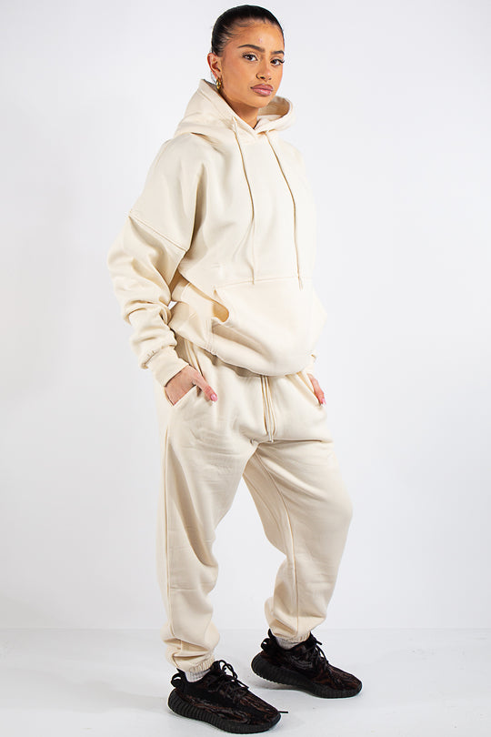 Cream Oversized Hoodie and Joggers Tracksuit Set- Lia