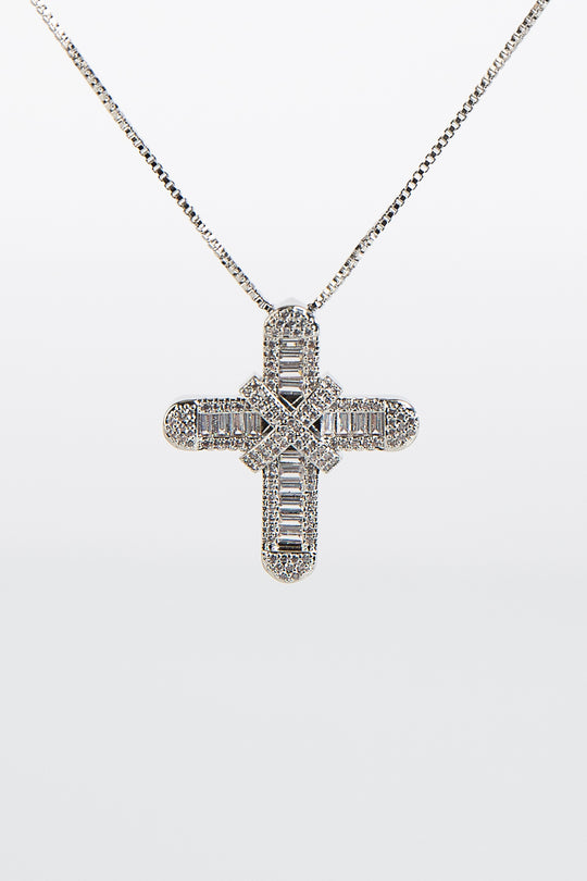 Silver Brilliant & Baguette Cut Cross Pendant Necklace