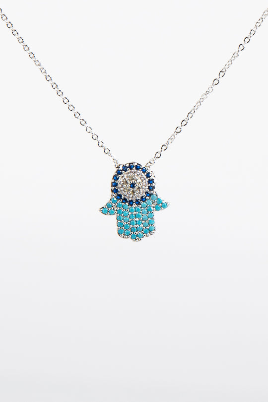 Jayleen Silver Diamante Hamsa Hand Necklace