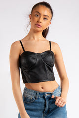 Rayna Black Faux Leather Bra Top