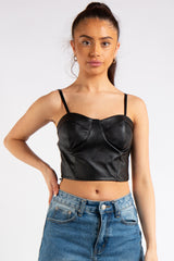 Rayna Black Faux Leather Bra Top