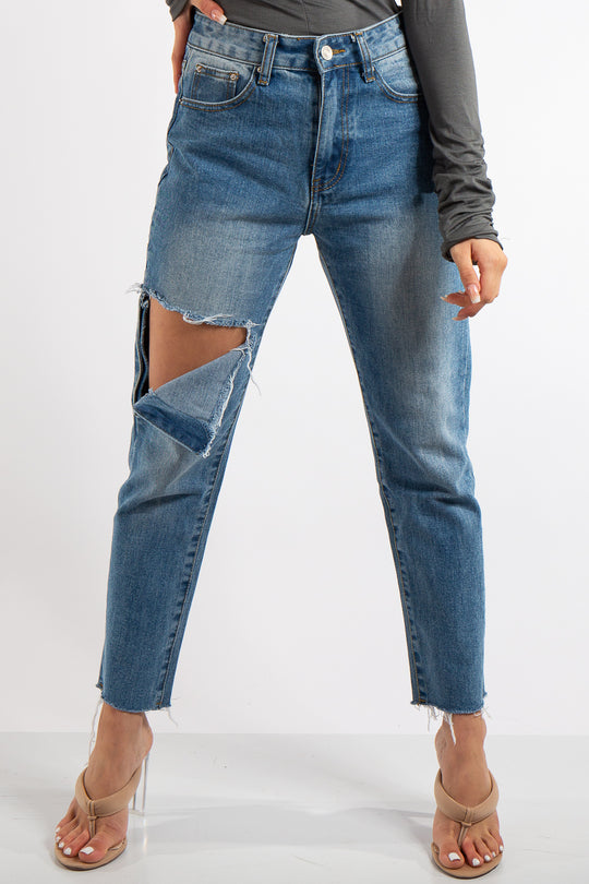 Elsa Denim Ripped Knee Frayed Hem Mom Jeans