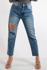 Elsa Denim Ripped Knee Frayed Hem Mom Jeans