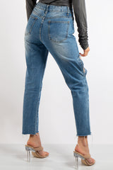 Elsa Denim Ripped Knee Frayed Hem Mom Jeans