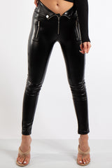 Aliza Black PU Elasticated Zip & Button Detail Leggings
