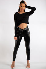 Aliza Black PU Elasticated Zip & Button Detail Leggings