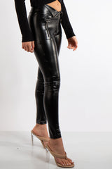 Aliza Black PU Elasticated Zip & Button Detail Leggings