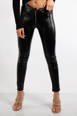 Aliza Black PU Elasticated Zip & Button Detail Leggings