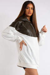 Christine Khaki PU and White Fashion Oversized Hoodie