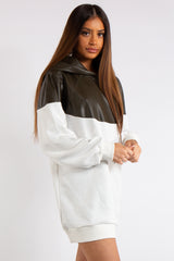 Christine Khaki PU and White Fashion Oversized Hoodie