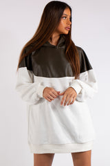 Christine Khaki PU and White Fashion Oversized Hoodie