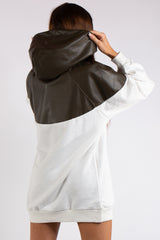 Christine Khaki PU and White Fashion Oversized Hoodie