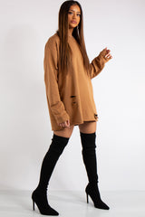 Thalia Camel Longline Distressed Sweatshirt