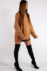 Thalia Camel Longline Distressed Sweatshirt
