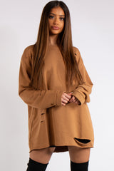 Thalia Camel Longline Distressed Sweatshirt