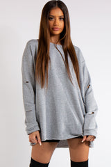 Thalia Grey Longline Distressed Sweatshirt