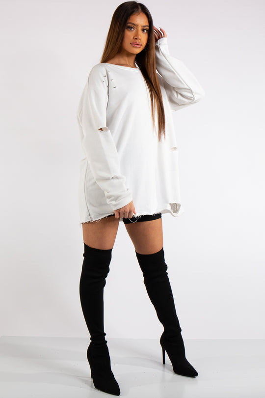 Thalia White Longline Distressed Sweatshirt